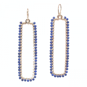 Blue Rectangular Earrings with Green Gems around Perimeter