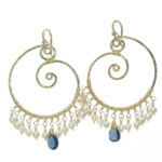 Gold Pearl Dangle Earrings with Blue Gems